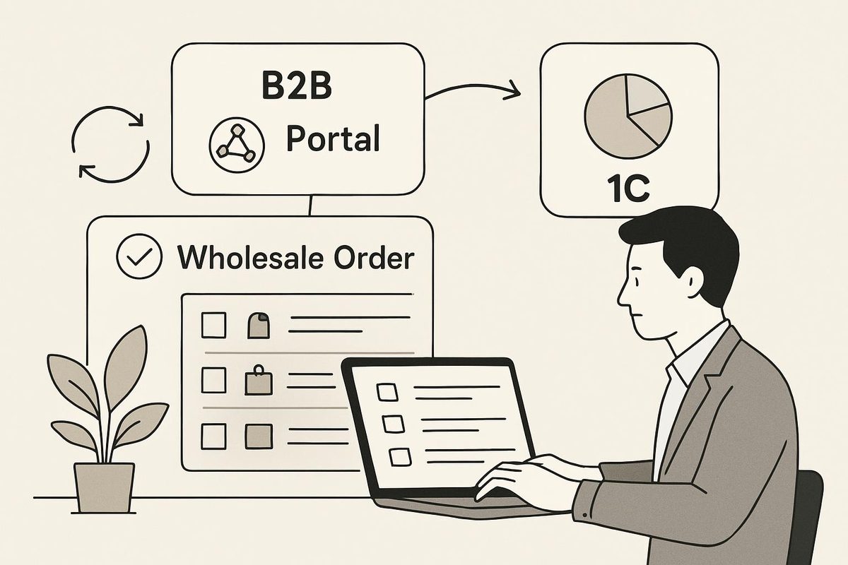 Сквозной контроль жизненного цикла оптового заказа через B2B‑портал и 1С